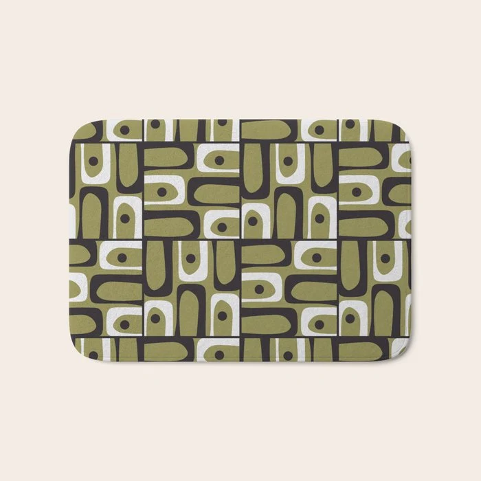 Mid Century Modern Abstract Geometric Piquet Multi Pattern in Retro Olive Black White Bath Mat
