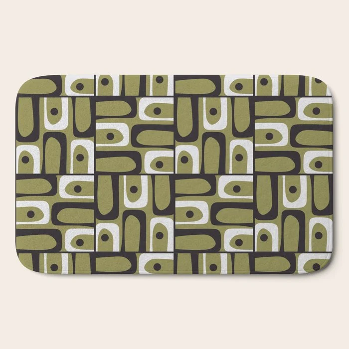Mid Century Modern Abstract Geometric Piquet Multi Pattern in Retro Olive Black White Bath Mat