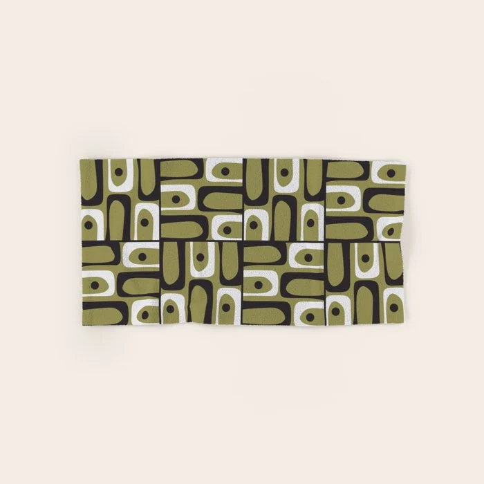 Mid Century Modern Abstract Geometric Piquet Multi Pattern in Retro Olive Black White Bath Towel