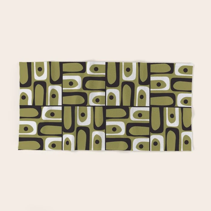 Mid Century Modern Abstract Geometric Piquet Multi Pattern in Retro Olive Black White Bath Towel