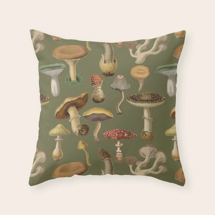 Forest Mushroom Goblincore Aesthetic Pattern - Lichen Green Throw Pillow