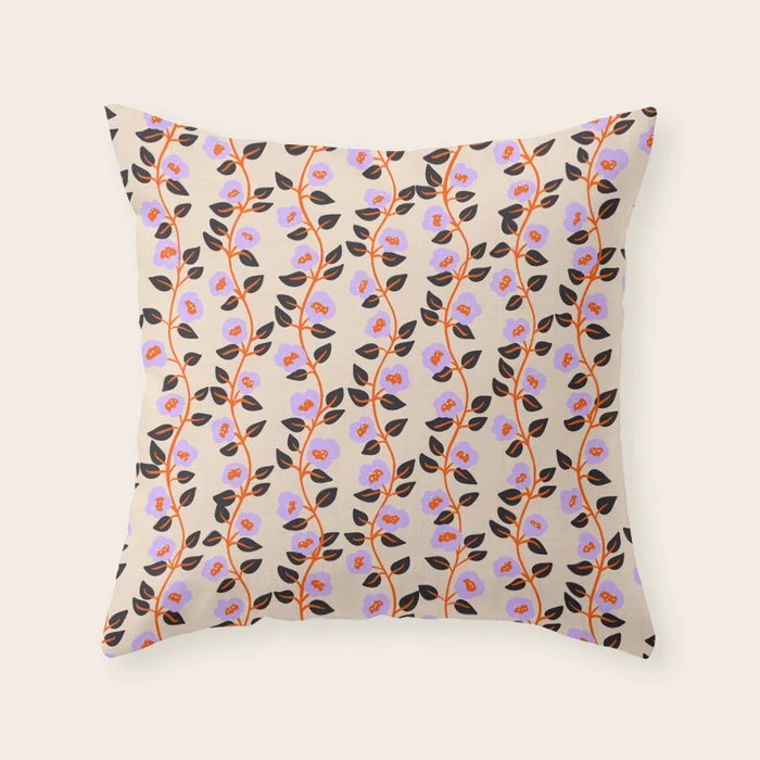 Floral Vine Toss Pink Lavender, Deep Purple, Cream Ivory, Elegant Home Decor Throw Pillow