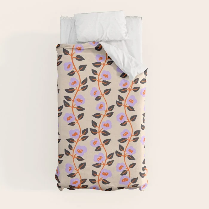 Floral Vine Toss Pink Lavender, Deep Purple, Cream Ivory, Elegant Home Decor Duvet Cover