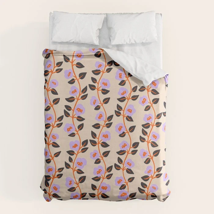 Floral Vine Toss Pink Lavender, Deep Purple, Cream Ivory, Elegant Home Decor Duvet Cover