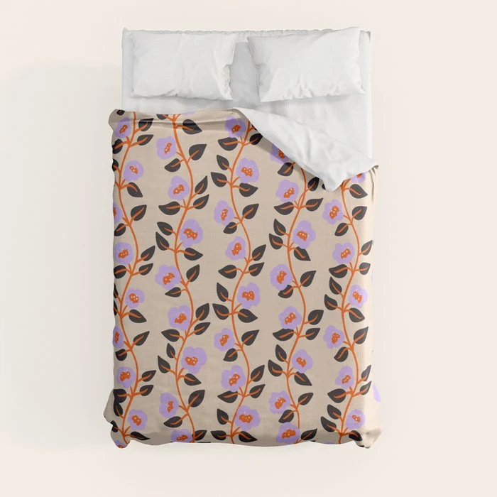 Floral Vine Toss Pink Lavender, Deep Purple, Cream Ivory, Elegant Home Decor Duvet Cover