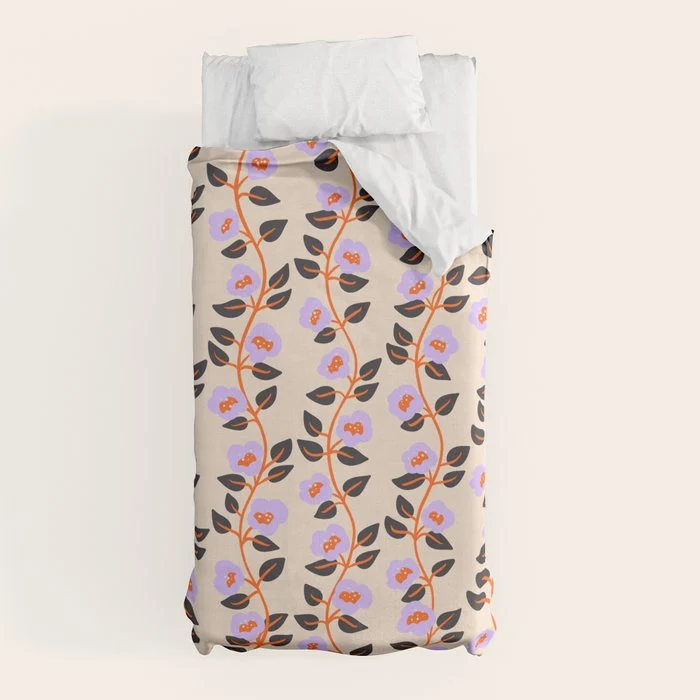 Floral Vine Toss Pink Lavender, Deep Purple, Cream Ivory, Elegant Home Decor Duvet Cover