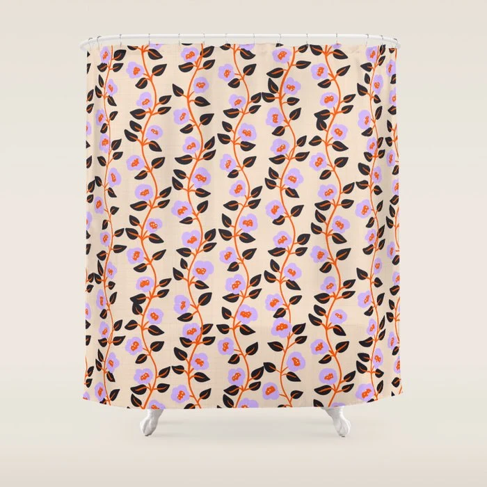 Floral Vine Toss Pink Lavender, Deep Purple, Cream Ivory, Elegant Home Decor Shower Curtain