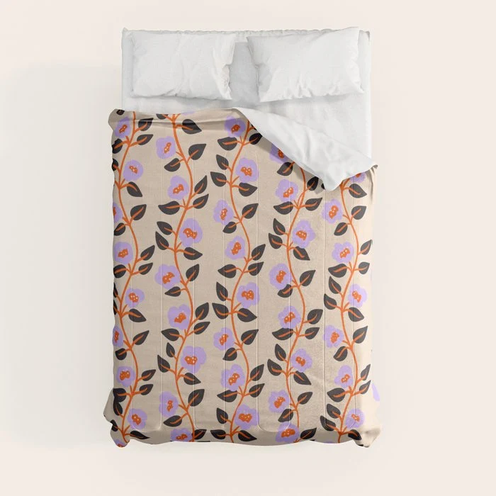 Floral Vine Toss Pink Lavender, Deep Purple, Cream Ivory, Elegant Home Decor Comforter