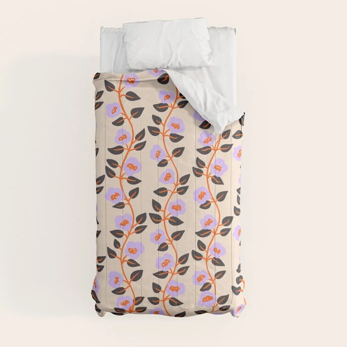 Floral Vine Toss Pink Lavender, Deep Purple, Cream Ivory, Elegant Home Decor Comforter