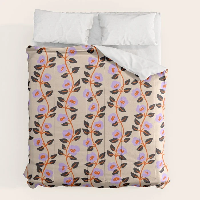 Floral Vine Toss Pink Lavender, Deep Purple, Cream Ivory, Elegant Home Decor Comforter