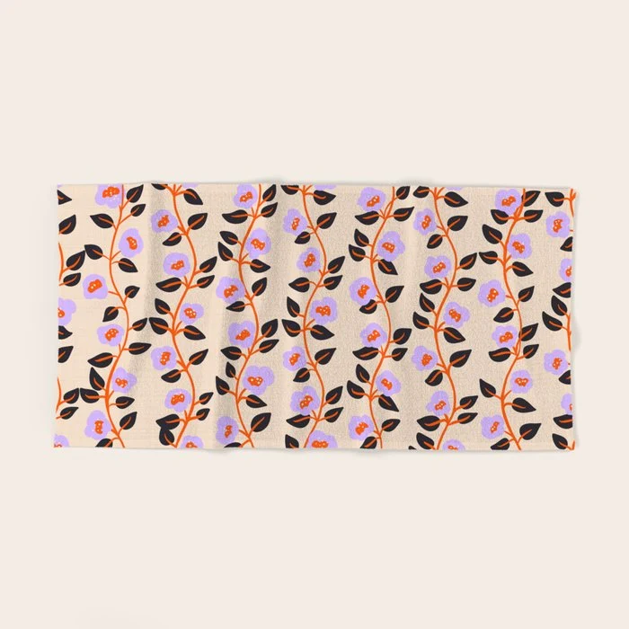 Floral Vine Toss Pink Lavender, Deep Purple, Cream Ivory, Elegant Home Decor Bath Towel