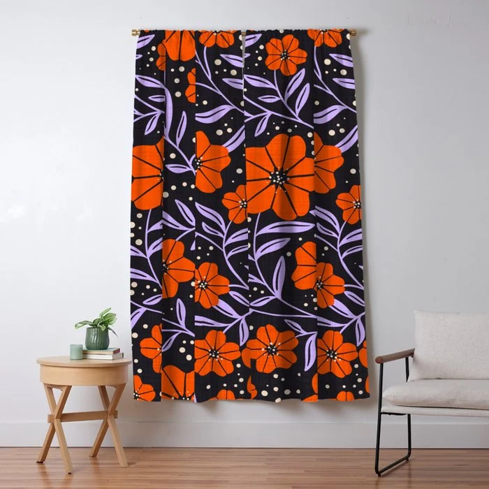 Floral Vine Tangerine Orange, Lavender Purple, Deep Purple, Modern Boho Home Decor Window Curtain