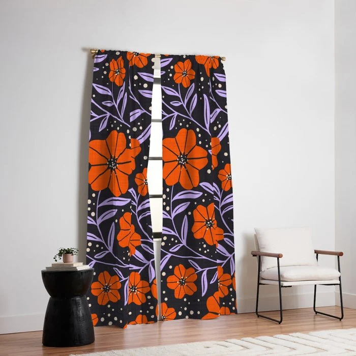 Floral Vine Tangerine Orange, Lavender Purple, Deep Purple, Modern Boho Home Decor Window Curtain