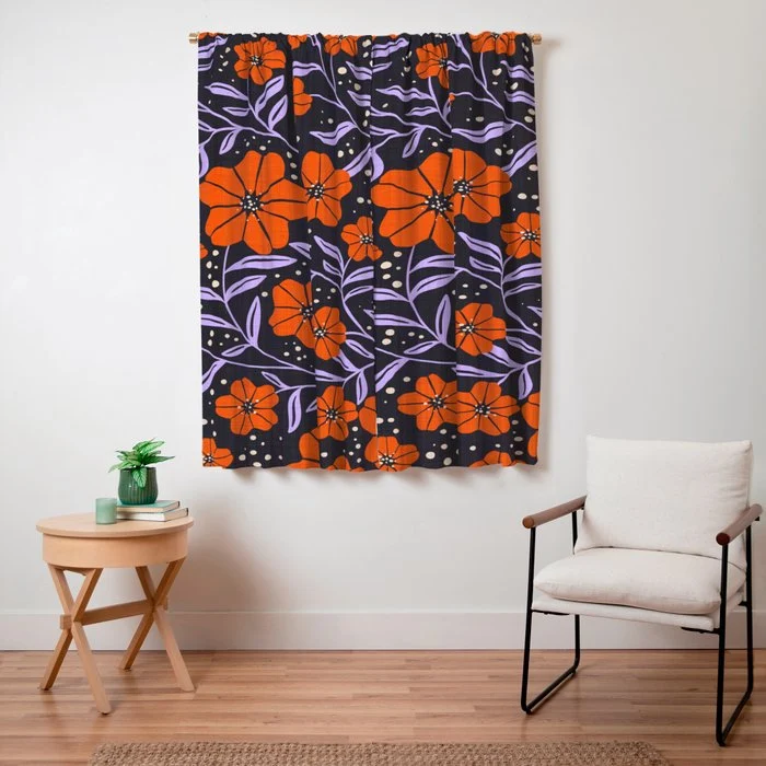 Floral Vine Tangerine Orange, Lavender Purple, Deep Purple, Modern Boho Home Decor Window Curtain