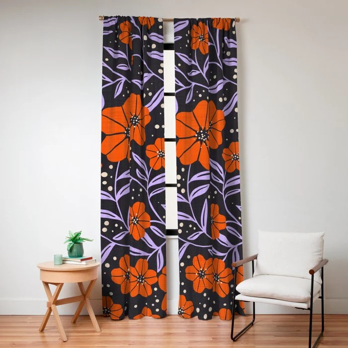 Floral Vine Tangerine Orange, Lavender Purple, Deep Purple, Modern Boho Home Decor Window Curtain