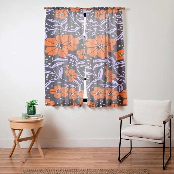 Floral Vine Tangerine Orange, Lavender Purple, Deep Purple, Modern Boho Home Decor Window Curtain