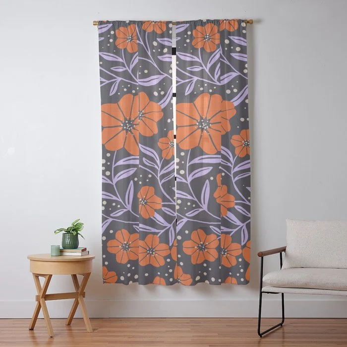 Floral Vine Tangerine Orange, Lavender Purple, Deep Purple, Modern Boho Home Decor Window Curtain