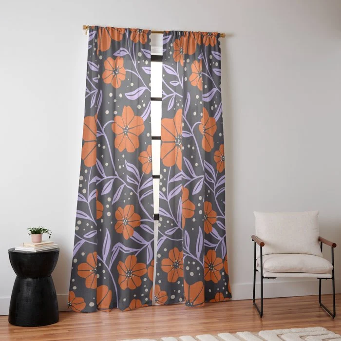 Floral Vine Tangerine Orange, Lavender Purple, Deep Purple, Modern Boho Home Decor Window Curtain