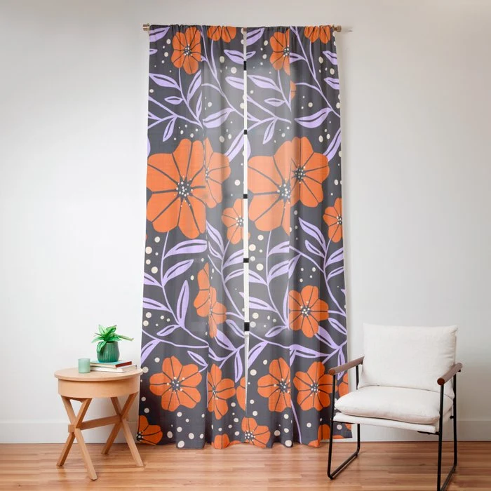 Floral Vine Tangerine Orange, Lavender Purple, Deep Purple, Modern Boho Home Decor Window Curtain