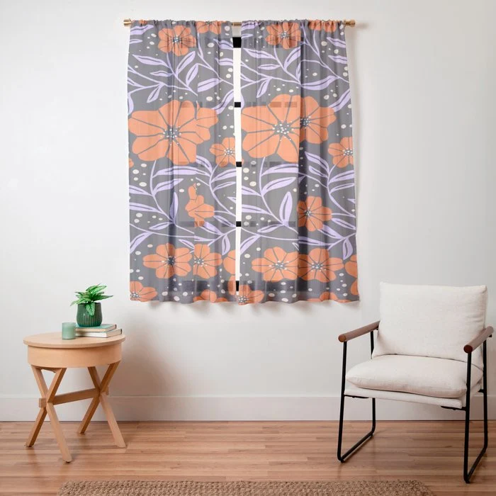 Floral Vine Tangerine Orange, Lavender Purple, Deep Purple, Modern Boho Home Decor Window Curtain