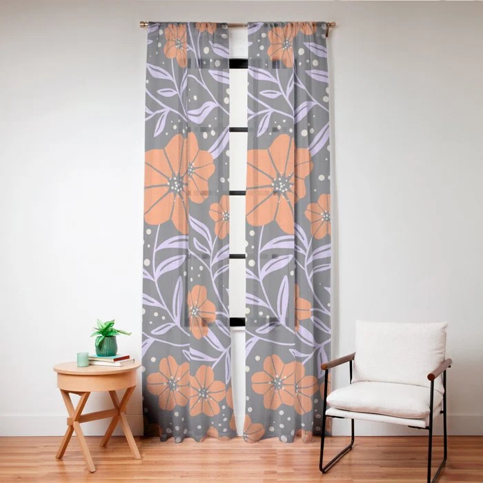 Floral Vine Tangerine Orange, Lavender Purple, Deep Purple, Modern Boho Home Decor Window Curtain