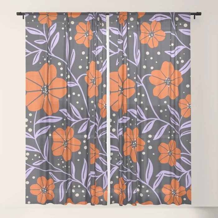 Floral Vine Tangerine Orange, Lavender Purple, Deep Purple, Modern Boho Home Decor Window Curtain