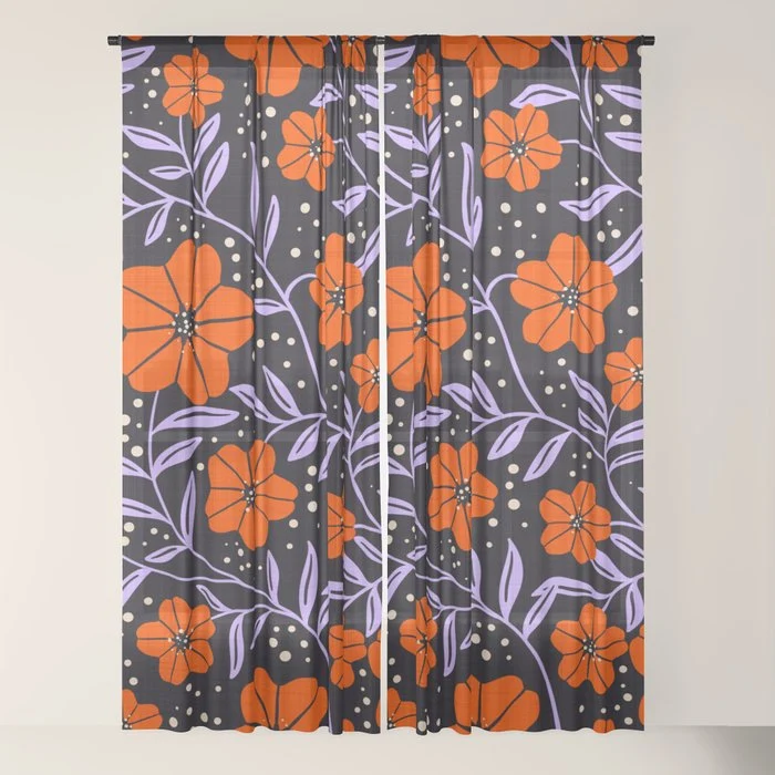 Floral Vine Tangerine Orange, Lavender Purple, Deep Purple, Modern Boho Home Decor Window Curtain