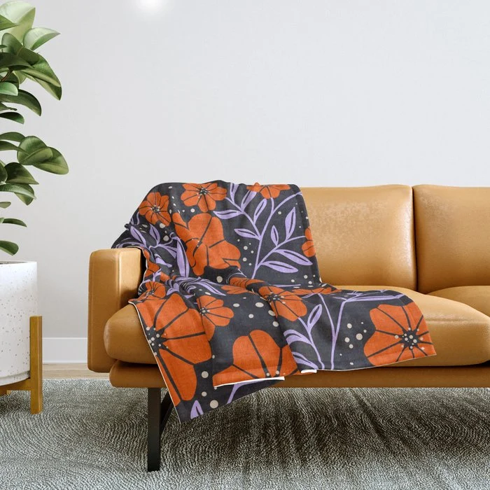 Floral Vine Tangerine Orange, Lavender Purple, Deep Purple, Modern Boho Home Decor Throw Blanket