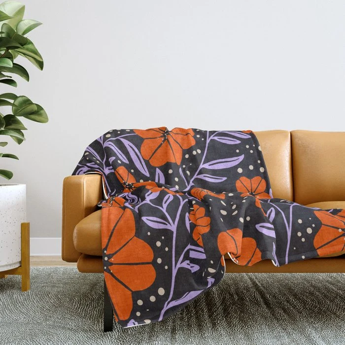 Floral Vine Tangerine Orange, Lavender Purple, Deep Purple, Modern Boho Home Decor Throw Blanket