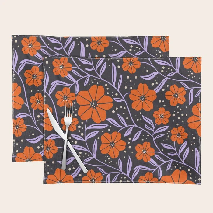 Floral Vine Tangerine Orange, Lavender Purple, Deep Purple, Modern Boho Home Decor Placemat