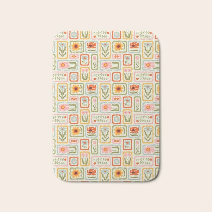 Colorful vintage flower art frame pattern Bath Mat