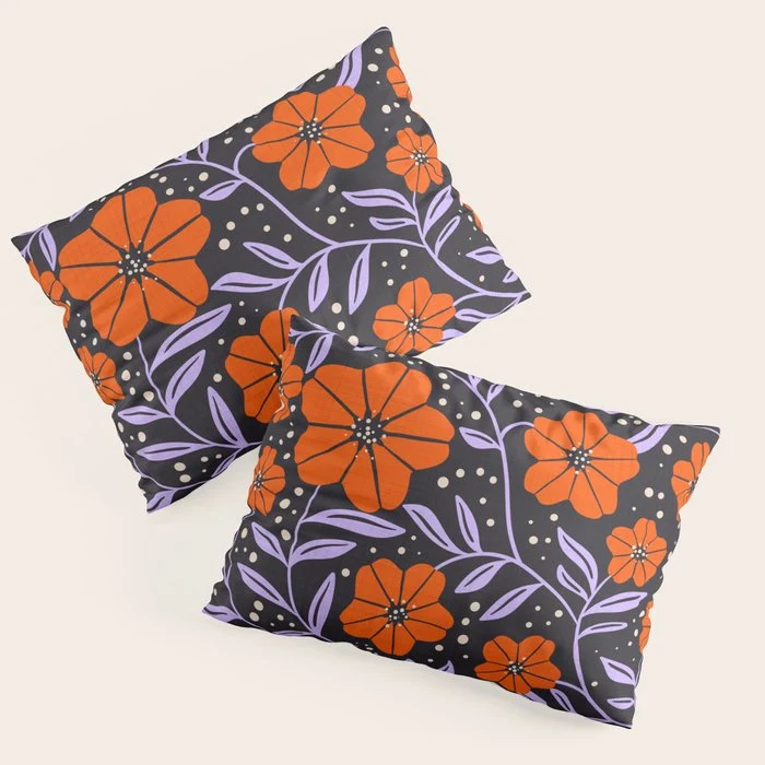 Floral Vine Tangerine Orange, Lavender Purple, Deep Purple, Modern Boho Home Decor Pillow Sham
