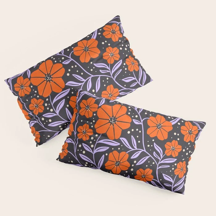 Floral Vine Tangerine Orange, Lavender Purple, Deep Purple, Modern Boho Home Decor Pillow Sham