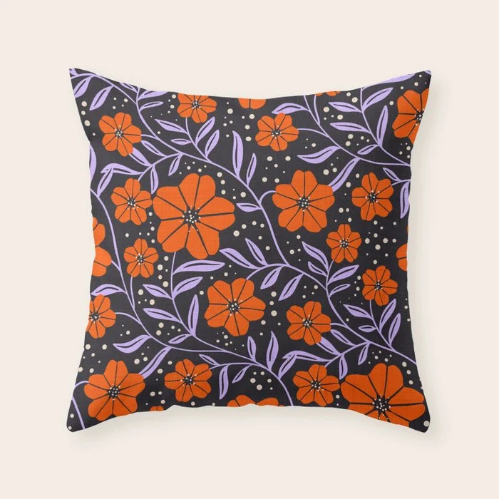 Floral Vine Tangerine Orange, Lavender Purple, Deep Purple, Modern Boho Home Decor Throw Pillow