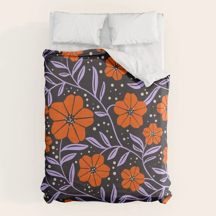 Floral Vine Tangerine Orange, Lavender Purple, Deep Purple, Modern Boho Home Decor Duvet Cover