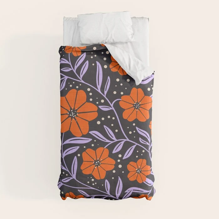 Floral Vine Tangerine Orange, Lavender Purple, Deep Purple, Modern Boho Home Decor Duvet Cover