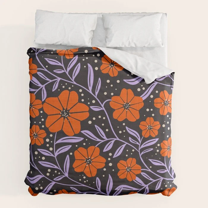 Floral Vine Tangerine Orange, Lavender Purple, Deep Purple, Modern Boho Home Decor Duvet Cover