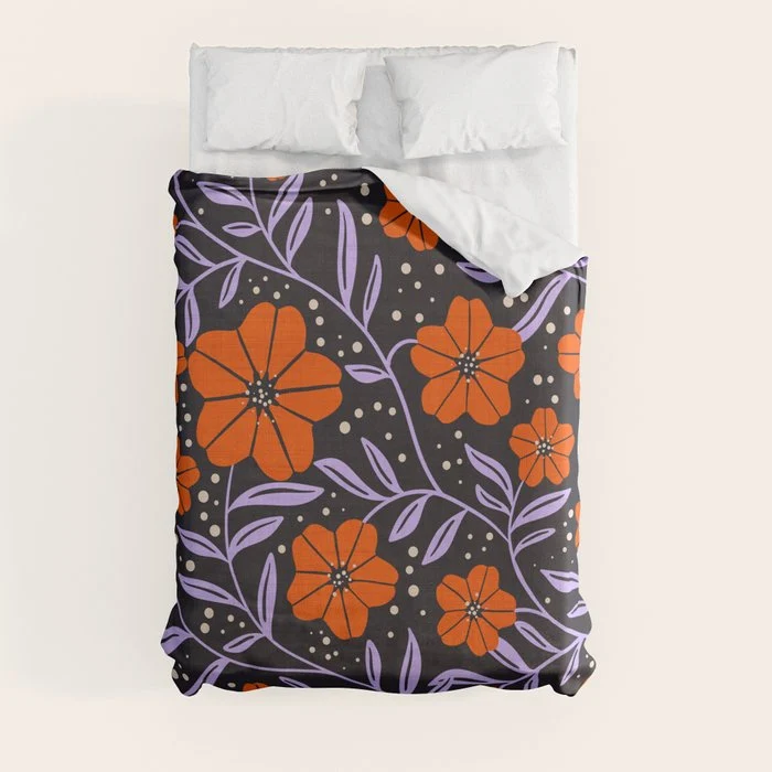 Floral Vine Tangerine Orange, Lavender Purple, Deep Purple, Modern Boho Home Decor Duvet Cover