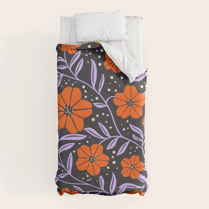 Floral Vine Tangerine Orange, Lavender Purple, Deep Purple, Modern Boho Home Decor Duvet Cover