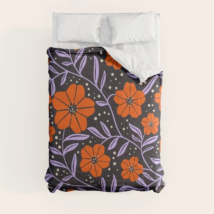 Floral Vine Tangerine Orange, Lavender Purple, Deep Purple, Modern Boho Home Decor Comforter