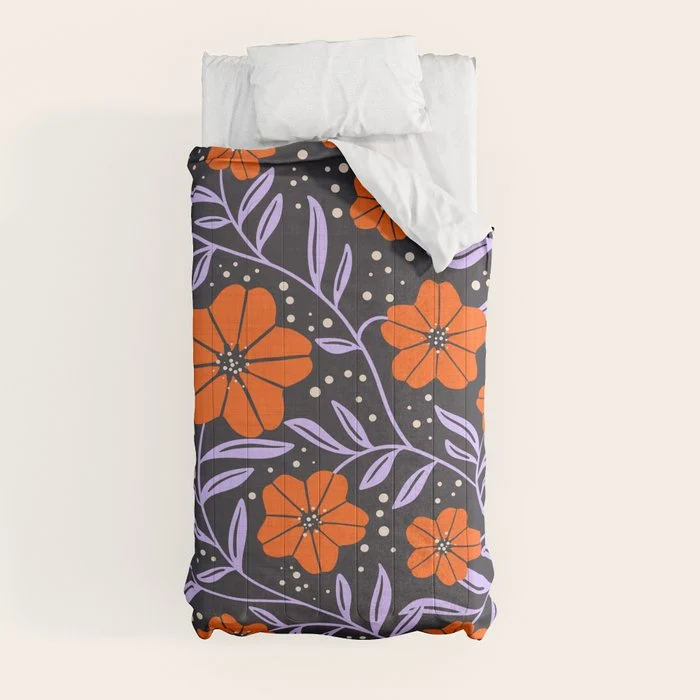 Floral Vine Tangerine Orange, Lavender Purple, Deep Purple, Modern Boho Home Decor Comforter