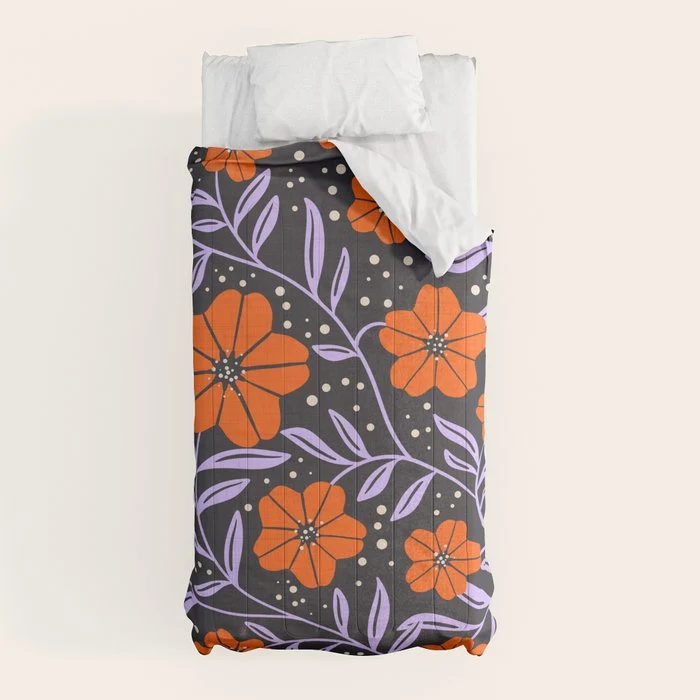 Floral Vine Tangerine Orange, Lavender Purple, Deep Purple, Modern Boho Home Decor Comforter