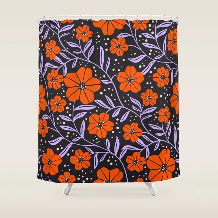 Floral Vine Tangerine Orange, Lavender Purple, Deep Purple, Modern Boho Home Decor Shower Curtain