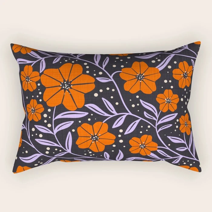 Floral Vine Tangerine Orange, Lavender Purple, Deep Purple, Modern Boho Home Decor Rectangular Pillow