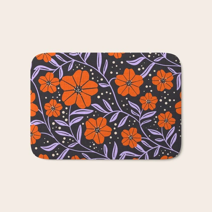 Floral Vine Tangerine Orange, Lavender Purple, Deep Purple, Modern Boho Home Decor Bath Mat