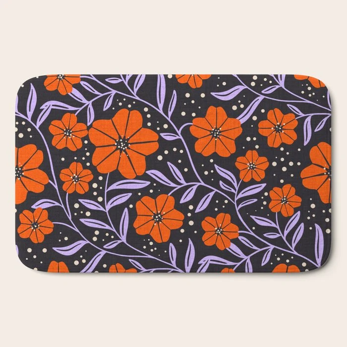 Floral Vine Tangerine Orange, Lavender Purple, Deep Purple, Modern Boho Home Decor Bath Mat