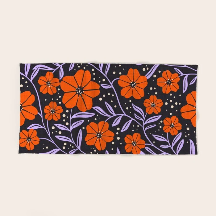 Floral Vine Tangerine Orange, Lavender Purple, Deep Purple, Modern Boho Home Decor Bath Towel
