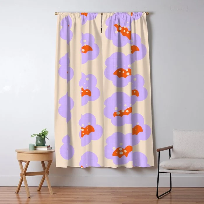 Bold Floral Toss Lavender Purple, Tangerine Orange, Cream Ivory, Playful Home Decor Window Curtain