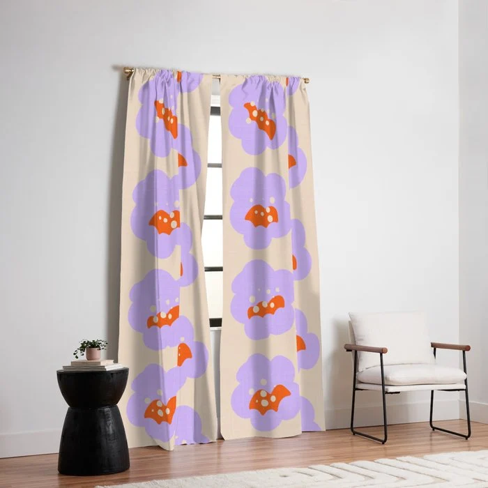 Bold Floral Toss Lavender Purple, Tangerine Orange, Cream Ivory, Playful Home Decor Window Curtain