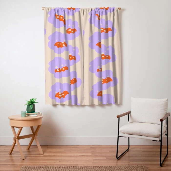 Bold Floral Toss Lavender Purple, Tangerine Orange, Cream Ivory, Playful Home Decor Window Curtain